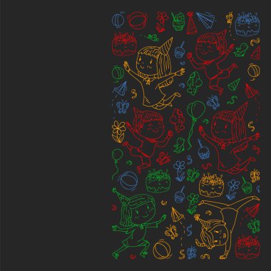 Karikatür tarzında Vektör illüstrasyon, eğlenceli okul öncesi çocuklar atlama aktif şirket, bir partide, doğum günü. renkli, kara tahta üzerinde tebeşir çizim.