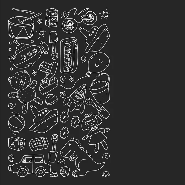 Anaokulu, oyuncak çocuklar ile vektör desen. Mutlu çocuklar illüstrasyon. tahta üzerinde tek renkli tebeşir çizim.