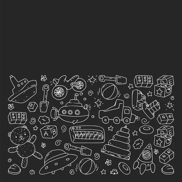 Anaokulu, oyuncak çocuklar ile vektör desen. Mutlu çocuklar illüstrasyon. tahta üzerinde tek renkli tebeşir çizim.