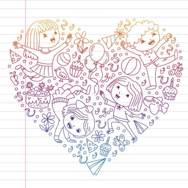 Karikatür tarzında Vektör illüstrasyon, eğlenceli okul öncesi çocuklar atlama aktif şirket, bir partide, doğum günü.