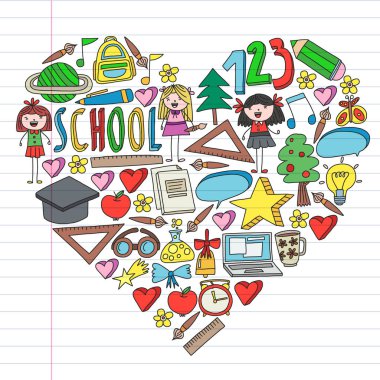 Doodle stilinde Okula Dönüş simgelerinin sorunsuz vektör kümesi. Boyalı, renkli, beyaz arka plan üzerinde bir kağıt parçası üzerinde resimler.