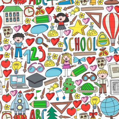 Doodle stilinde Okula Dönüş simgelerinin sorunsuz vektör kümesi. Boyalı, renkli, beyaz arka plan üzerinde bir kağıt parçası üzerinde resimler.