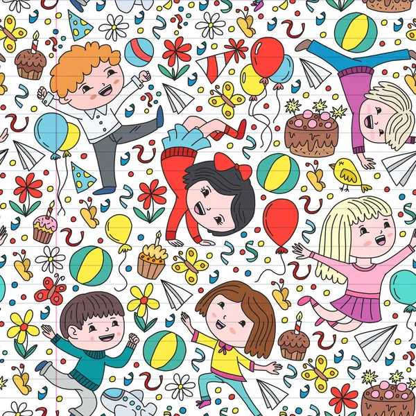 Illustrazione vettoriale in stile cartone animato, compagnia attiva di giocosi bambini in età prescolare che saltano, a una festa, compleanno . — Vettoriale Stock