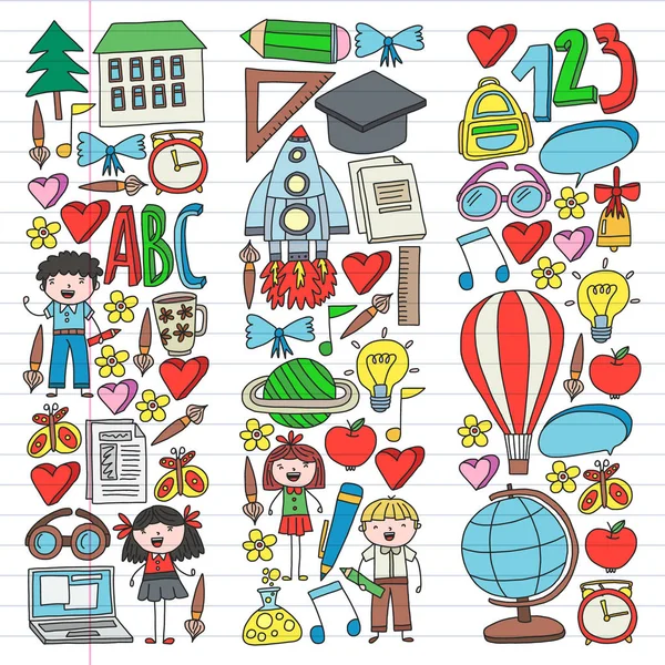 Doodle stilinde Okula Dönüş simgelerinin sorunsuz vektör kümesi. Boyalı, renkli, beyaz arka plan üzerinde bir kağıt parçası üzerinde resimler.