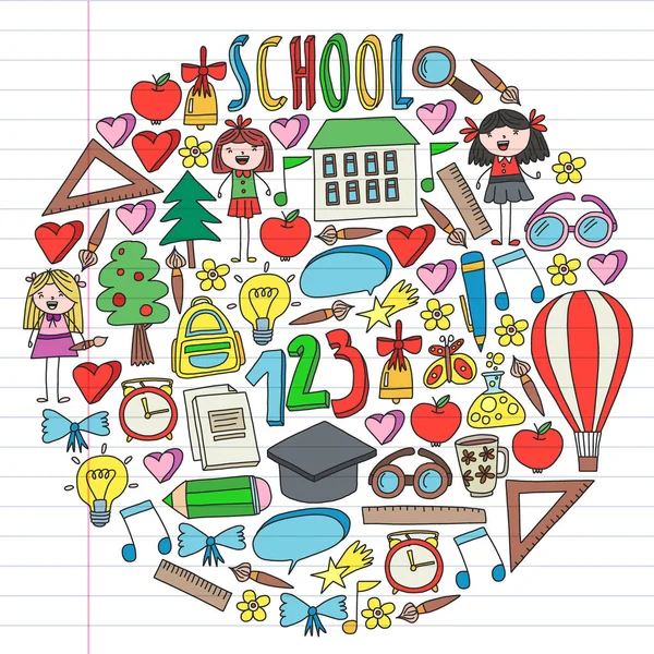 Doodle stilinde Okula Dönüş simgelerinin sorunsuz vektör kümesi. Boyalı, renkli, beyaz arka plan üzerinde bir kağıt parçası üzerinde resimler.