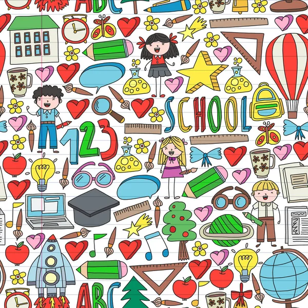 Doodle stilinde Okula Dönüş simgelerinin sorunsuz vektör kümesi. Boyalı, renkli, beyaz arka plan üzerinde bir kağıt parçası üzerinde resimler.