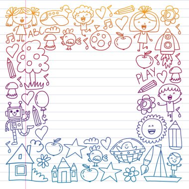 Doodle stilinde Okula Dönüş simgelerinin sorunsuz vektör kümesi. Boyalı, renkli, beyaz arka plan üzerinde bir kağıt parçası üzerinde resimler.