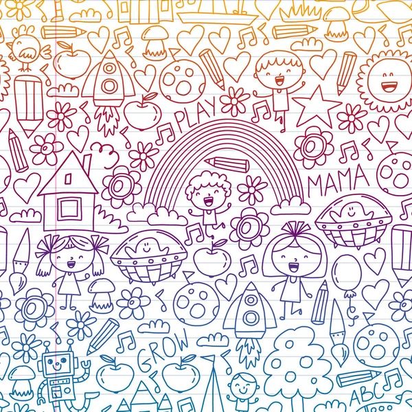 Conjunto de vectores sin costura de iconos de Back to School en estilo doodle. Pintado, colorido, imágenes en un pedazo de papel sobre fondo blanco . — Vector de stock