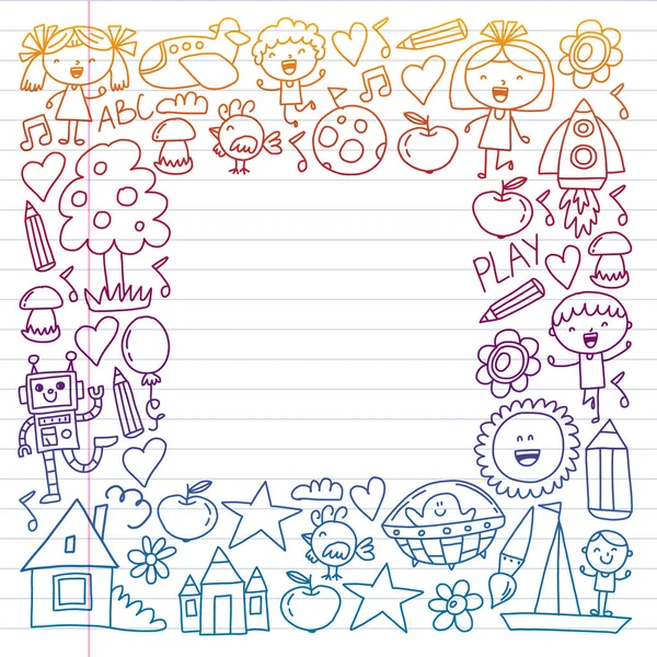 Seamless vector set of Back to School icons in doodle style. Painted, colorful, pictures on a piece of paper on white background. — Stock Vector