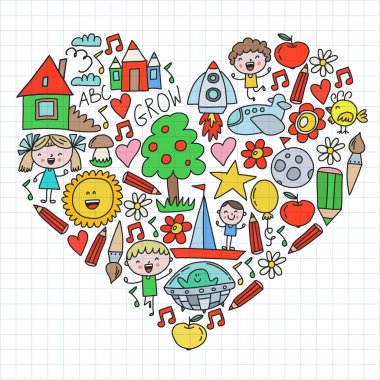 Macera zamanı. Hayal yaratıcılık küçük çocuklar anaokulu anaokulu okul çocukları karalama simgeler desen çizim oynamak, oyun, çalışma, mutlu erkek ve kız ile öğrenmek Uzay keşfedelim.