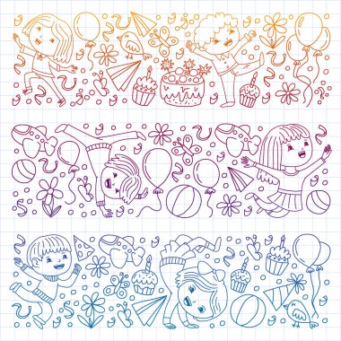 Karikatür tarzında Vektör illüstrasyon, eğlenceli okul öncesi çocuklar atlama aktif şirket, bir partide, doğum günü. Kareli not defterine kalemle çizim.