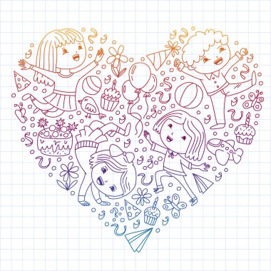 Karikatür tarzında Vektör illüstrasyon, eğlenceli okul öncesi çocuklar atlama aktif şirket, bir partide, doğum günü. Kareli not defterine kalemle çizim.