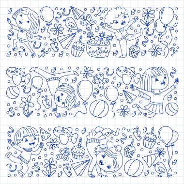 Karikatür tarzında Vektör illüstrasyon, eğlenceli okul öncesi çocuklar atlama aktif şirket, bir partide, doğum günü. Kareli not defterine kalemle çizim.