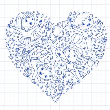 Karikatür tarzında Vektör illüstrasyon, eğlenceli okul öncesi çocuklar atlama aktif şirket, bir partide, doğum günü. Kareli not defterine kalemle çizim.