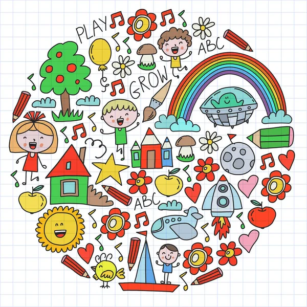 Macera zamanı. Hayal yaratıcılık küçük çocuklar anaokulu anaokulu okul çocukları karalama simgeler desen çizim oynamak, oyun, çalışma, mutlu erkek ve kız ile öğrenmek Uzay keşfedelim.