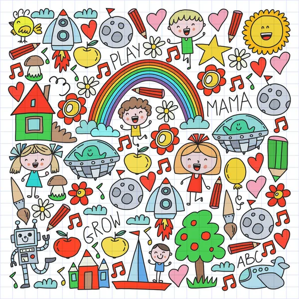 E 'tempo di avventura. Immaginazione creatività bambini piccoli giocare asilo nido bambini della scuola materna disegno doodle icone modello, giocare, studiare, imparare con i ragazzi e le ragazze felici Esploriamo lo spazio . — Vettoriale Stock