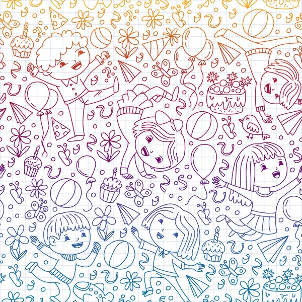 Ilustración vectorial en estilo de dibujos animados, compañía activa de niños preescolares juguetones saltando, en una fiesta, cumpleaños. Dibujo por pluma en cuaderno cuadrado . — Archivo Imágenes Vectoriales