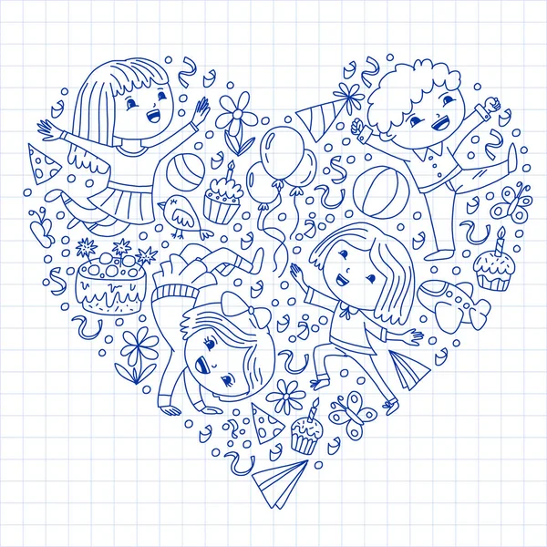 Karikatür tarzında Vektör illüstrasyon, eğlenceli okul öncesi çocuklar atlama aktif şirket, bir partide, doğum günü. Kareli not defterine kalemle çizim.