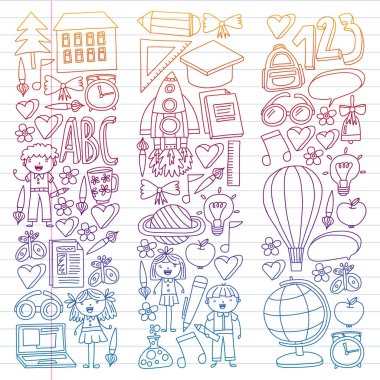 Doodle stilinde Okula Dönüş simgelerinin vektör kümesi. Boyalı, renkli, beyaz arka plan üzerinde bir kağıt parçası üzerinde resimler. Degrade tarzında egzersiz dizüstü çizim.