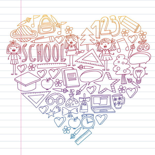 Vector set of Back to School icons in doodle style. Painted, colorful, pictures on a piece of paper on white background. Drawing on exercise notebook in gradient style.