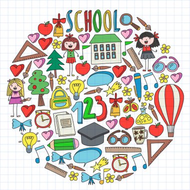 Geri okul simgeleri doodle tarzı vektör kümesi. Kağıda beyaz zemin üzerine boyalı, renkli, Resimler.