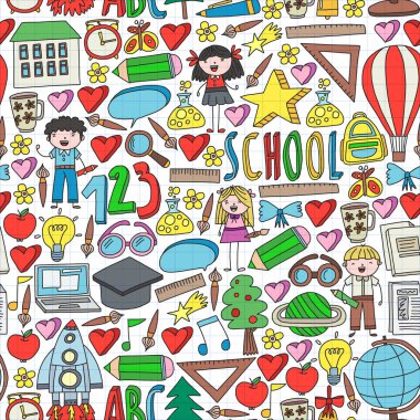 Geri okul simgeleri doodle tarzı vektör kümesi. Kağıda beyaz zemin üzerine boyalı, renkli, Resimler.