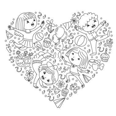 Karikatür tarzında Vektör illüstrasyon, eğlenceli okul öncesi çocuklar atlama aktif şirket, bir partide, doğum günü. Egzersiz not defteriüzerine çizim.