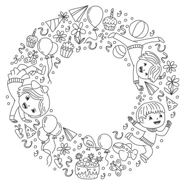 Karikatür tarzında Vektör illüstrasyon, eğlenceli okul öncesi çocuklar atlama aktif şirket, bir partide, doğum günü. Egzersiz not defteriüzerine çizim.