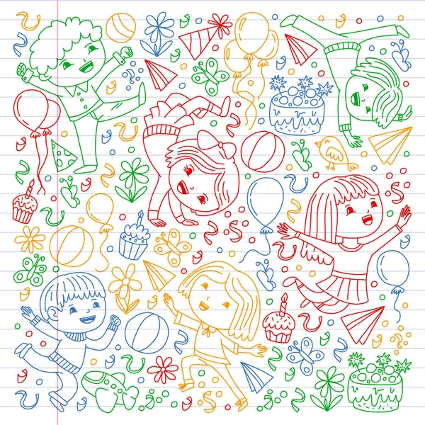 Vektor-Illustration im Cartoon-Stil, aktive Gesellschaft spielerischer Vorschulkinder beim Springen, auf einer Party, Geburtstag. — Stockvektor