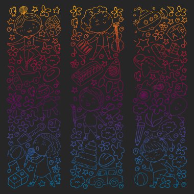 Çocukluk teması üzerinde el stili dikişsiz desen ile boyanmıştır. Çocuk tasarımı için vektör illüstrasyon. Bir okul tahtası üzerinde renkli tebeşir ile çizim. Degrade tarzında.