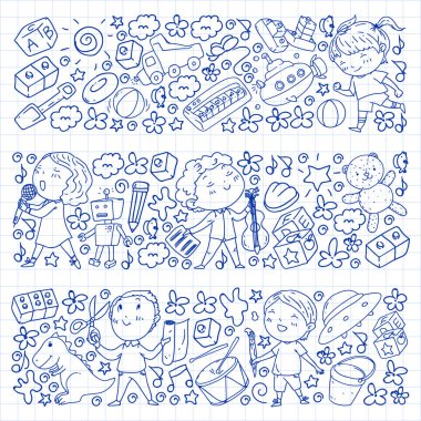 Çocukluk teması üzerinde el stili desen boyalı. Çocuk tasarımı için vektör illüstrasyon. Kareli not defterine kalemle çizim.