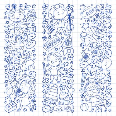 Çocukluk teması üzerinde el stili desen boyalı. Çocuk tasarımı için vektör illüstrasyon. Kareli not defterine kalemle çizim.