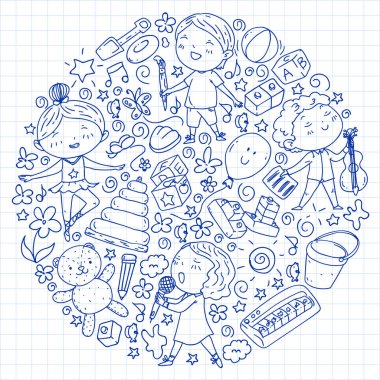 Çocukluk teması üzerinde el stili desen boyalı. Çocuk tasarımı için vektör illüstrasyon. Kareli not defterine kalemle çizim.