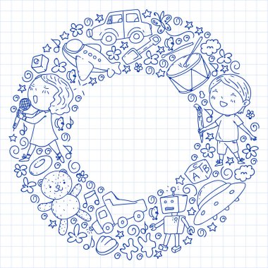 Çocukluk teması üzerinde el stili desen boyalı. Çocuk tasarımı için vektör illüstrasyon. Kareli not defterine kalemle çizim.