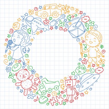 Çocukluk teması üzerinde el stili desen boyalı. Çocuk tasarımı için vektör illüstrasyon. Kareli dizüstü bilgisayarda renkli kalemle çizim.