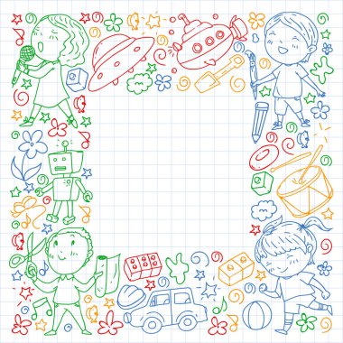 Çocukluk teması üzerinde el stili desen boyalı. Çocuk tasarımı için vektör illüstrasyon. Kareli dizüstü bilgisayarda renkli kalemle çizim.