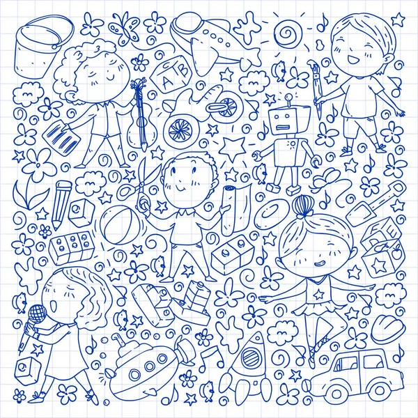 Gemalt von Hand Stil Muster auf das Thema der Kindheit. Vektor-Illustration für Kinderdesign. Zeichnung mit Stift auf kariertem Notizbuch. — Stockvektor