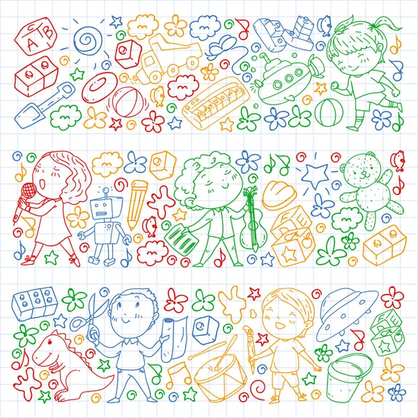 Painted by hand style pattern on the theme of childhood. Vector illustration for children design. Drawing by colorful pen on squared notebook. — Stock Vector