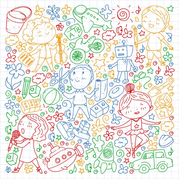 Pintado pelo padrão de estilo de mão sobre o tema da infância. Ilustração vetorial para design infantil. Desenho por caneta colorida no caderno quadrado . — Vetor de Stock