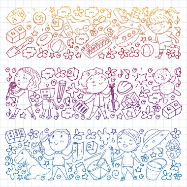 Çocukluk teması üzerinde el stili desen boyalı. Çocuk tasarımı için vektör illüstrasyon. Kareli not defterine kalemle çizim.