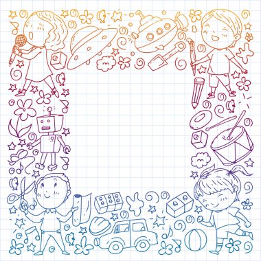 Çocukluk teması üzerinde el stili desen boyalı. Çocuk tasarımı için vektör illüstrasyon. Kareli not defterine kalemle çizim.