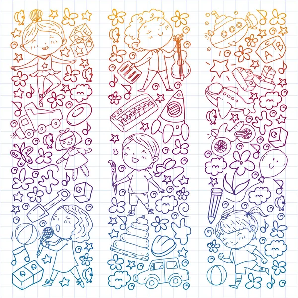 Çocukluk teması üzerinde el stili desen boyalı. Çocuk tasarımı için vektör illüstrasyon. Kareli not defterine kalemle çizim.