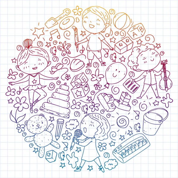 Çocukluk teması üzerinde el stili desen boyalı. Çocuk tasarımı için vektör illüstrasyon. Kareli not defterine kalemle çizim.