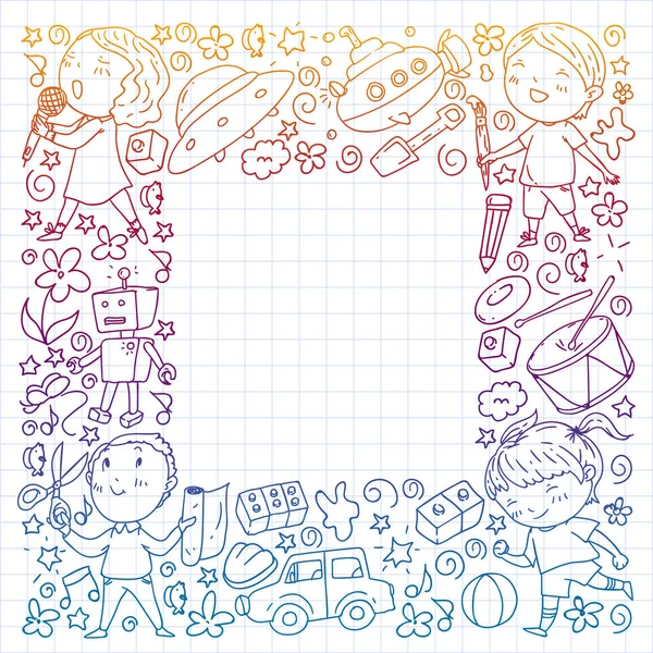 Ζωγραφισμένο με μοτίβο στυλ χεριού στο θέμα της παιδικής ηλικίας. Απεικόνιση διανυσματικού σχεδιασμού για παιδιά. Σχεδίαση με πένα στο τετράγωνο σημειωματάριο. — Διανυσματικό Αρχείο