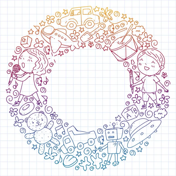 Çocukluk teması üzerinde el stili desen boyalı. Çocuk tasarımı için vektör illüstrasyon. Kareli not defterine kalemle çizim.