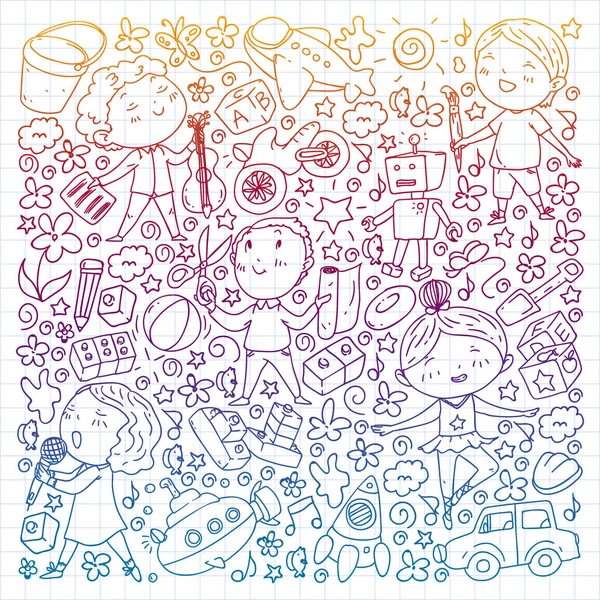 Pintado a mano patrón de estilo sobre el tema de la infancia. Ilustración vectorial para el diseño infantil. Dibujo por pluma en cuaderno cuadrado . — Archivo Imágenes Vectoriales
