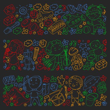 Çocukluk teması üzerinde el stili desen boyalı. Çocuk tasarımı için vektör illüstrasyon. Bir okul tahtası üzerinde renkli tebeşir ile çizim.