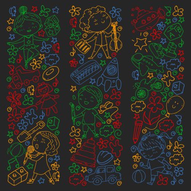 Çocukluk teması üzerinde el stili desen boyalı. Çocuk tasarımı için vektör illüstrasyon. Bir okul tahtası üzerinde renkli tebeşir ile çizim.