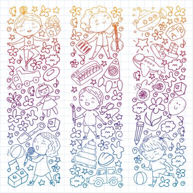 Çocukluk teması üzerinde el stili desen boyalı. Çocuk tasarımı için vektör illüstrasyon. Degrade stilinde kare not defteri üzerine çizim.