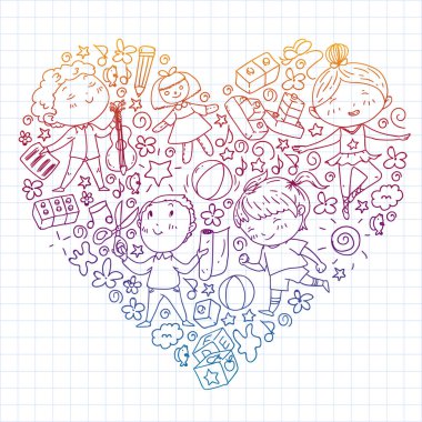 Çocukluk teması üzerinde el stili desen boyalı. Çocuk tasarımı için vektör illüstrasyon. Degrade stilinde kare not defteri üzerine çizim.